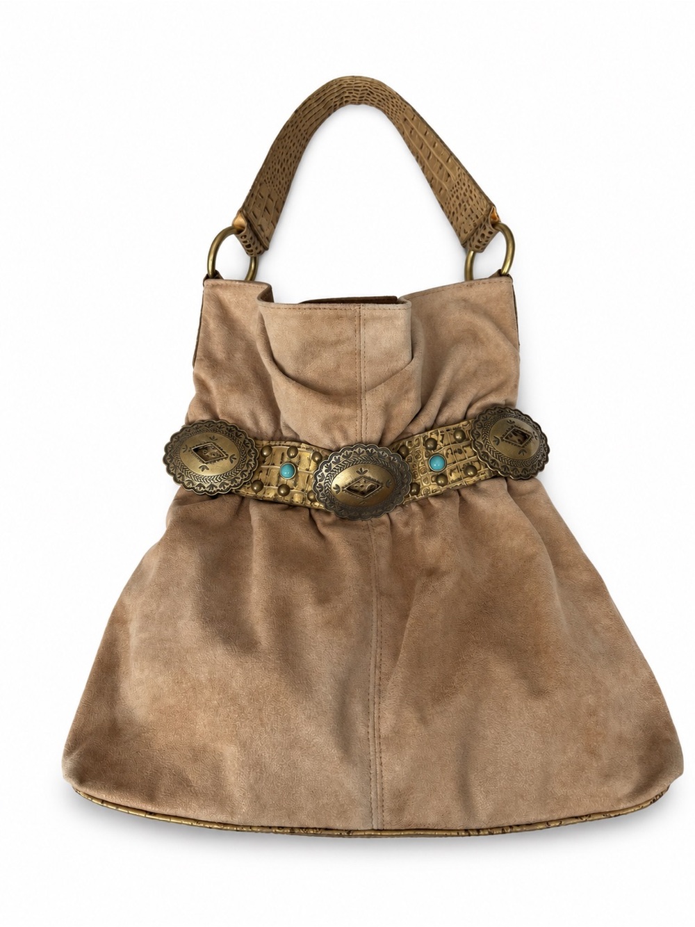Kathy Van Zeeland Western Concho Faux Suede Hobo Shoulder Bag Brown Gold